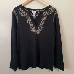 Chico's Silk Blend Embroidered Top Black Long Sleeve Split V-Neck Boho XL / 3
